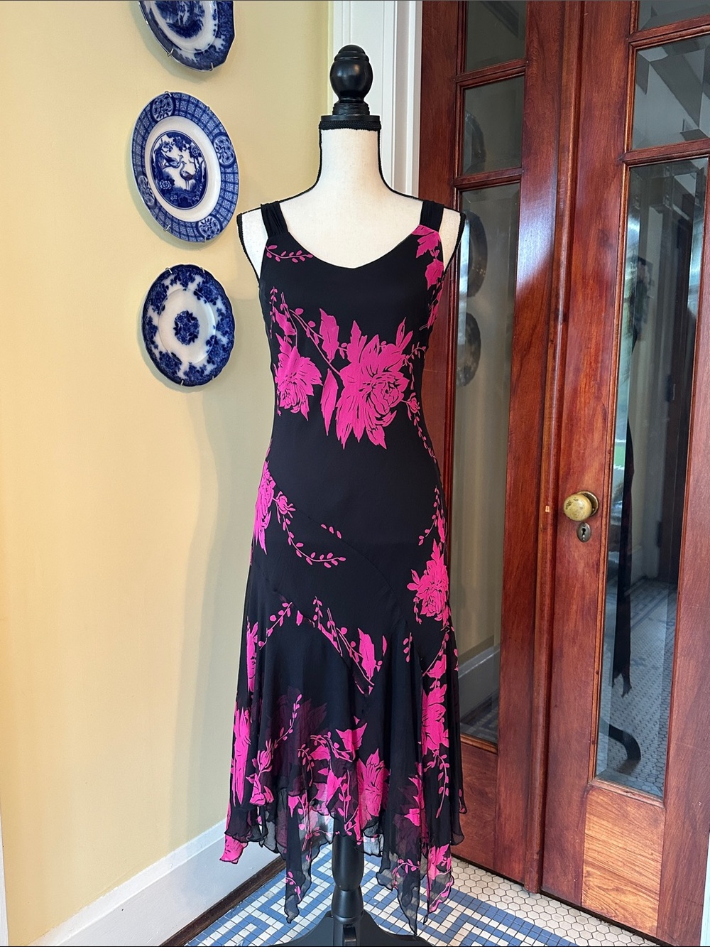 VTG 90s Silk Floral Whimsigoth Sharkbite Hem Dress Black Fuchsia, Size 8